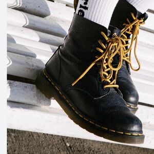 Dr. Martens Black Leather Boots with Yellow and Brown Laces